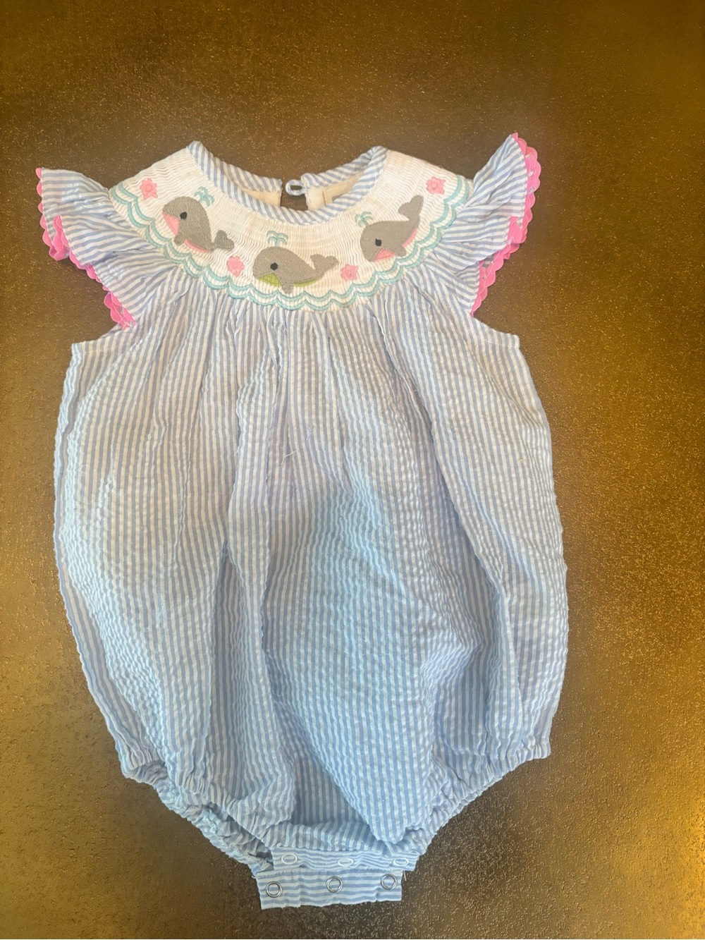 Blue Striped Whale Smocked Baby One-Piece